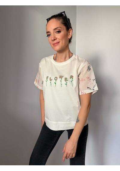 Ali Butik Ekru Flower Baskılı Tişört Ekru