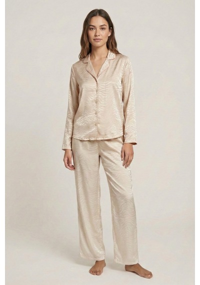 Desenli Saten Dokuma Pijama Takımı Bej