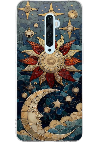 Printify Oppo Reno 2z İle Uyumlu Vitray Sol Ve Luna Tasarımlı Şeffaf Silikon Kılıf Şeffaf
