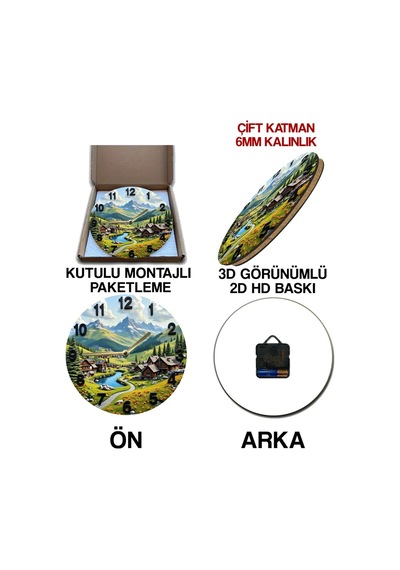 Alpine Dream Dağ Evleri Temalı Manzara Mdf Duvar Saati Sessiz Mekanizma Sdw222 Renkli