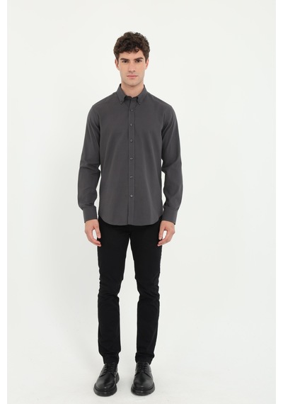 Dufy Erkek Slim Fit Uzun Kol Koyu Gri Gömlek-25371 K.gri