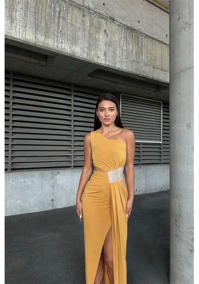 Lior Design Kadın Trend Model Sandy Kumaş Tek Omuz Balık Kesim Abiye Elbise Sarı
