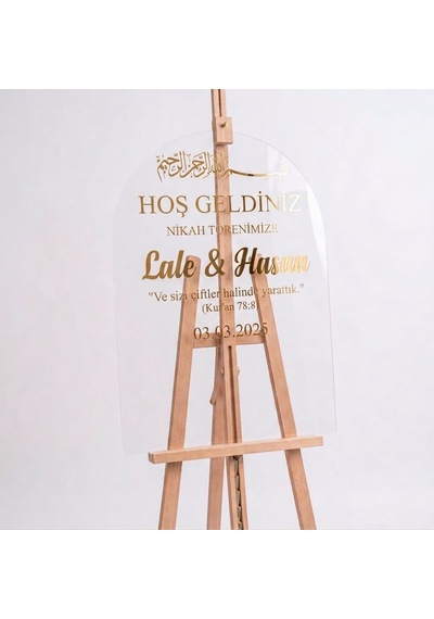 Kişiselleştirilmiş 50x80 Cm Şeffaf Pleksi Düğün Karşılama Panosu Büyük Boy - Gold Yazılı