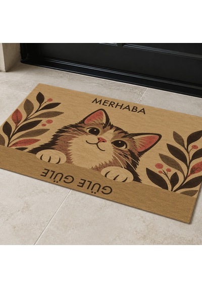 Kartela Halı Merhaba Güle Güle Kedili Kapı Paspası Koko Kaymaz Kauçuk Taban Yıkanabilir 40x60 Cm