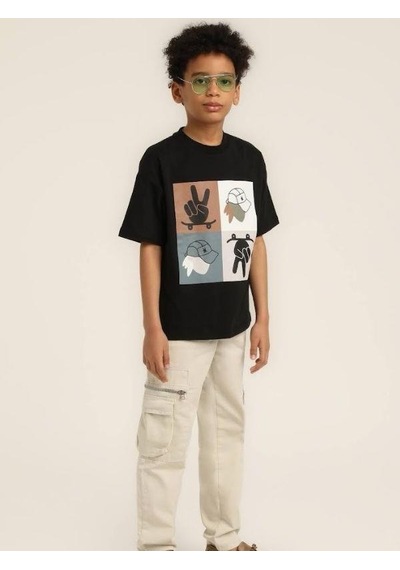 Escabel Erkek Çocuk Şapka Desenli Tasarım Pamuklu T-shirt-15627 SIYAH