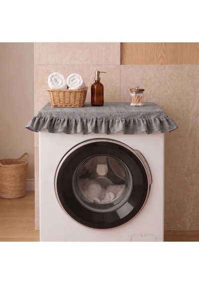 Fırfırlı Çamaşır Makinesi Örtüsü - Çeyizlik Dekoratif Banyo Makine Kılıfı- Antrasit