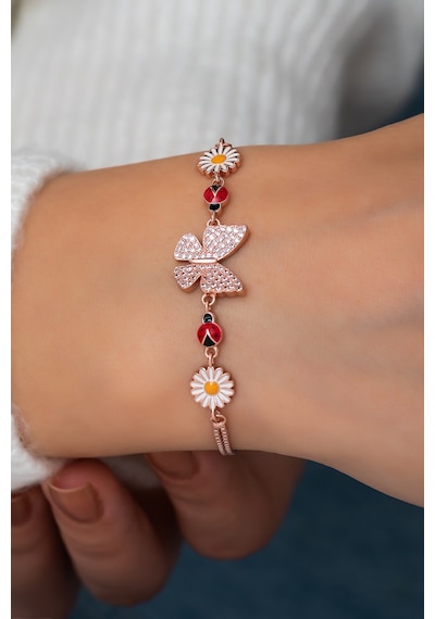 Papatya Silver Kelebek Papatya Uğur Böceği Renkli Mineli Rose Gold Kaplama 925 Ayar Gümüş Bileklik - UVPS200155
