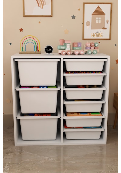 9 Sepetli 2 Bölmeli Oyuncak Dolabı Çok Amaçlı Oyuncak Dolabı Düzenleyici Organizer Beyaz