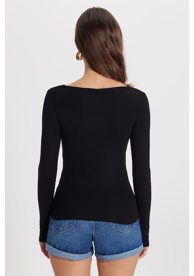 Tudors Kadın Slim Fit Dar Kesim Pamuklu Uzun Kollu V Yaka Siyah Tişört Bluz-50782