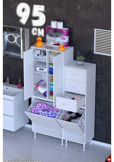 Teo 95 Cm 3 Çekmeceli Çamaşır Sepetli Çok Amaçlı Banyo Dolabı - Beyaz 60+35 X160x32 Cm