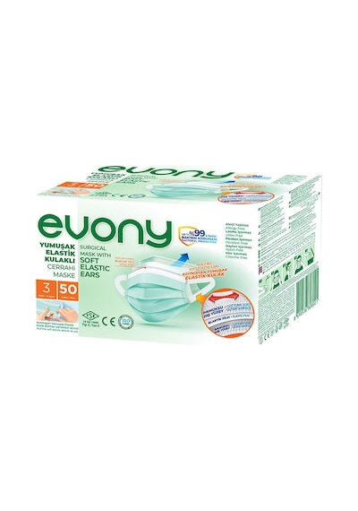 Evony 3 Katlı Filtreli Yumuşak Elastik Kulaklı Cerrahi Maske 2000 Adet