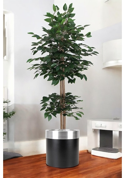 Yapay Benjamin Ağacı Bambu Gövdeli Yeşil Şık Metal Sıyah Saksılı 180 Cm Yeşil