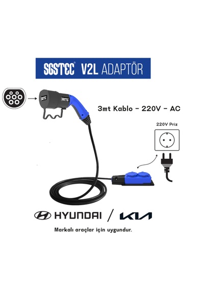 Sgstec Hyundai - Kia 3 M Kablolu 2'li V2L Uzatma Priz Adaptör 3.5 KW