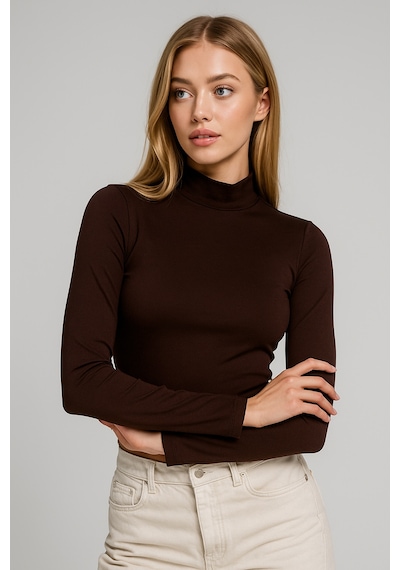 Rich Kadın Kahverengi Yarım Balıkçı Yaka Uzun Kollu Crop Bluz Kahverengi