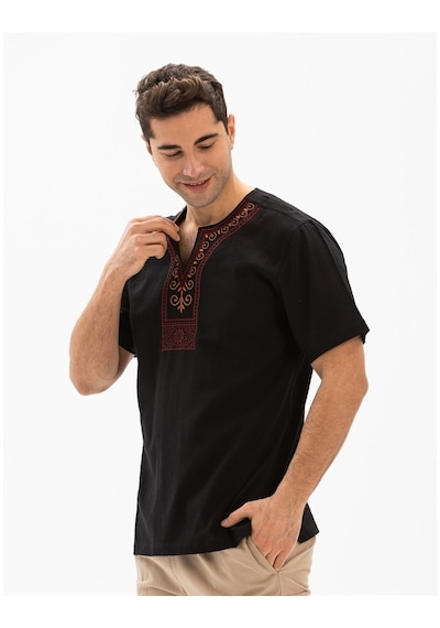 Kısa Kol Şile Bezi Bisiklet Yaka Etnik Erkek T-Shirt Siyah Syh Kısa Kol Şile Bezi Bisiklet Yaka Etnik Erkek T-Shirt Siyah Syh