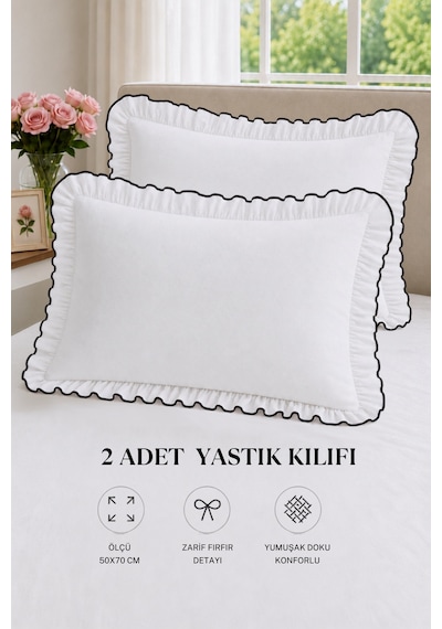 2 Li Pamuklu Fırfırlı Yastık Kılıfı 50x70 Beyaz - Siyah