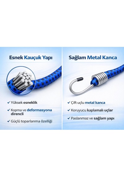 Tr Bagaj Lastiği 3'lü Set 80 Cm 6mm, Dolamaçlı Elastik Kordon, Çelik Kancalı, Yüksek Dayanımlı, Güvenli Yük Genel