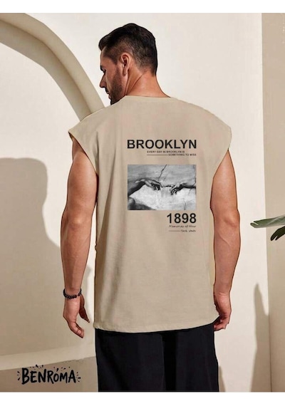Brooklyn 1898 Baskılı Kolsuz Tişört Bej