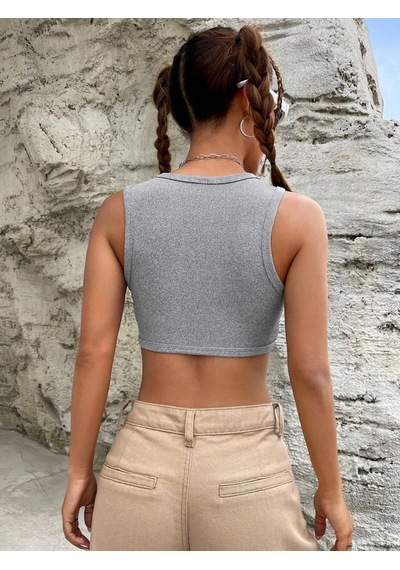 Liona Kadın Gri Melanj Bisiklet Yaka Crop Top Büstiyer Gri