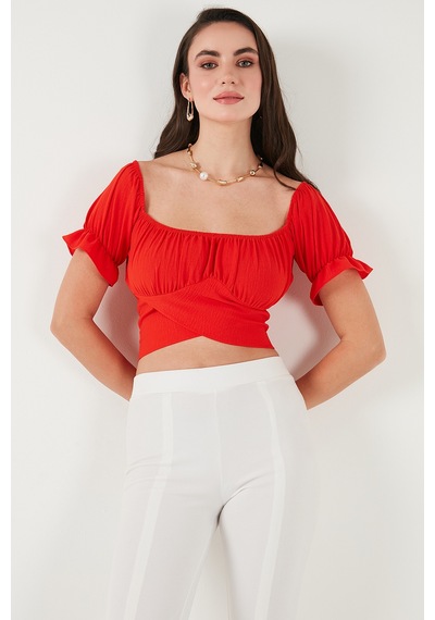Lela Regular Fit Madonna Yaka Bağlama Detaylı Crop Bayan Bluz 6527017 Nar Çiçeği