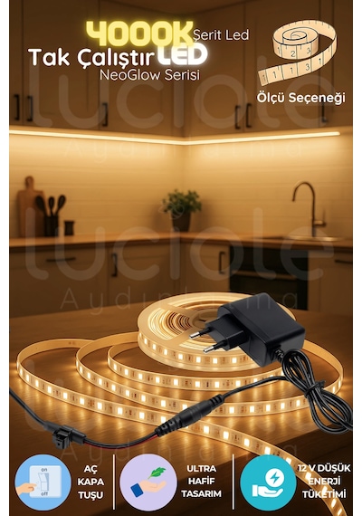 2 Metre Neoglow Led Şerit 4000k Doğal Beyaz 60 Çipli 12v Tak Çalıştır Prizli Aydınlatma Bandı