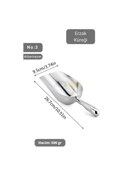 Erzak Küreği Alüminyum Bakliyat Küreği Un Küreği Kuruyemiş Küreği Hacim 500 Gr No:3 27 Cm Gri