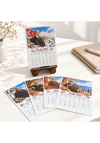 2027 Takvim - Mustafa Kemal Atatürk Fotoğraflı Standlı Masaüstü Takvim- Ahşap Telefon Tutucu 10x14 Cm Çok Renkli