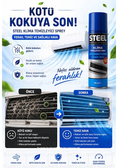 Steel Professional Klima Temizleyici Sprey 200 Ml Köpüklü Klima Temizlik Spreyi Ev, Araç Ve Spli