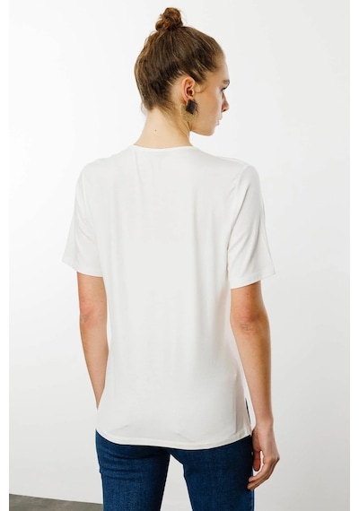 Desen Triko Kadın Açma Yaka Nakış İşlemeli Penye T-shirt 25700 Ekru Ekru