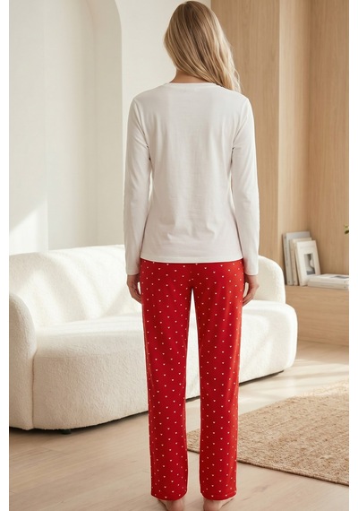 Siyah İnci Nakışlı Pamuklu Likralı Bisiklet Yaka Örme Pijama Takım 26240284 Ekru