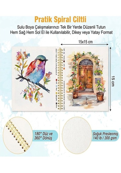 Telli Suluboya Eskiz Defteri 15x15 Cm 1 Adet Herboy 300 Gr Sulu Boya Eskiz Defteri Karakalem Çizim 12 Sayfa Dokulu Kağıt