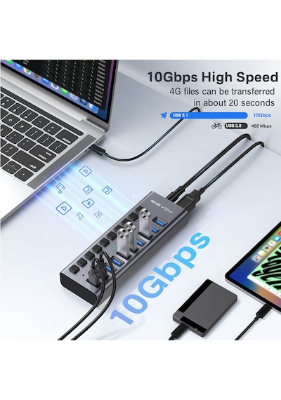 Acasis Hs710 10 Port Usb-a 10gbps Usb 3.1, On/off Port Özellikli, Alüminyum Kasa, 48w Güç Adaptörlü, Led Işıklı, Usb Çoklayıcı Hub