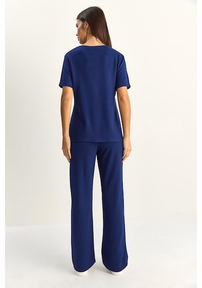 Shade Kadın Fularlı Bağlama Detaylı T-shirt Yüksek Bel Pantolon Alt-üst Takım 7630 60286041 - Lacivert