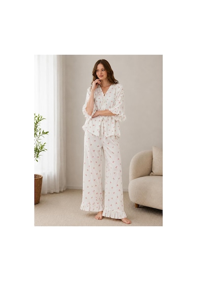 Pijamask Kadın Kısa Kollu Pamuklu Pijama Takım Beyaz