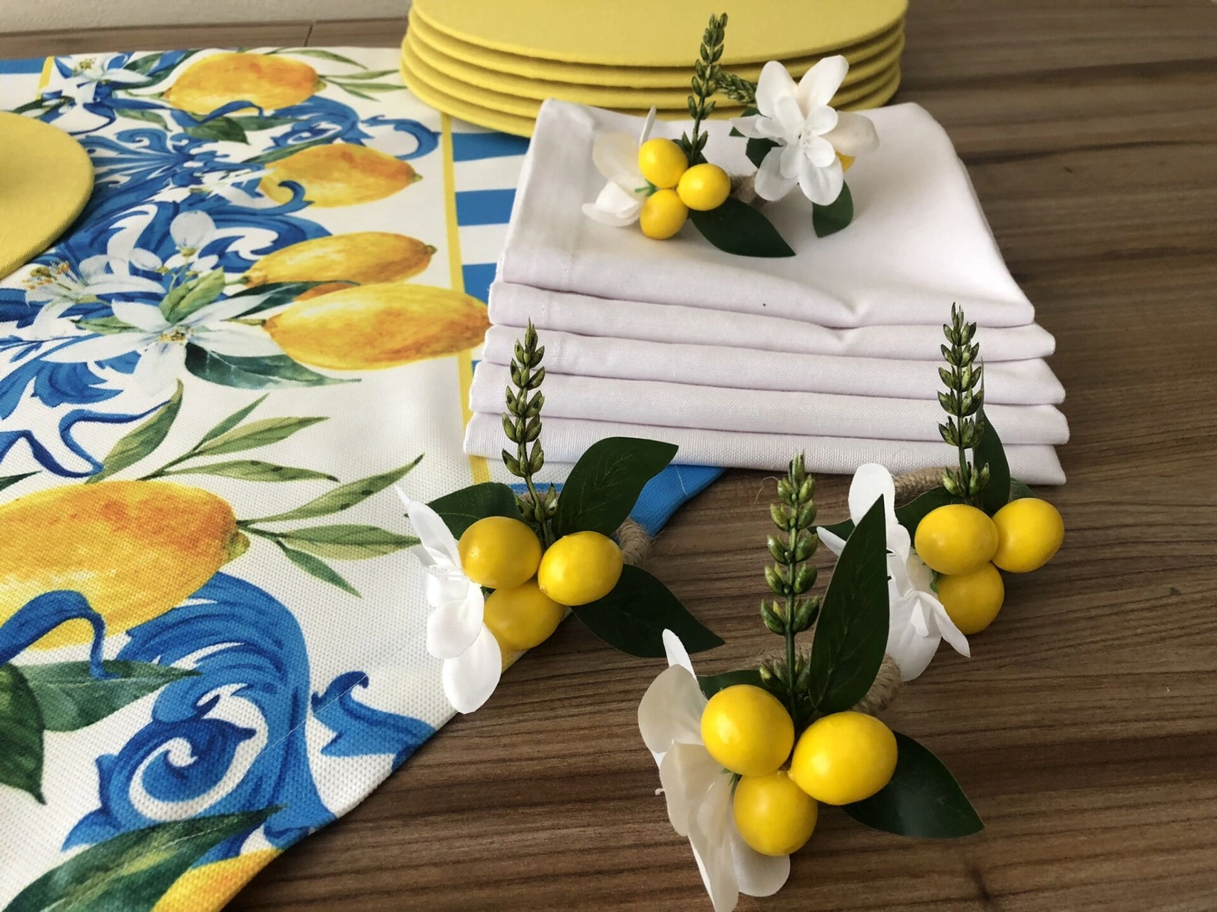 Sofra Sunum Seti Mavi Çizgili Limon Desenli Takım Çok Renkli