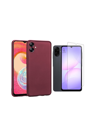 Samsung Galaxy A07 İle Uyumlu Kılıf Soft Yumuşak Telefon Kılıfı Ve Temperli Cam Ekran Koruyucu Mürdüm