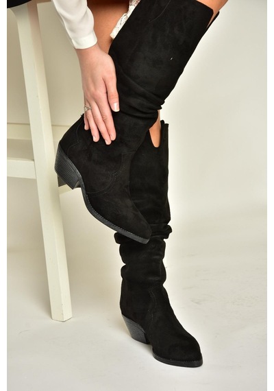 Fox Shoes T404401002 Siyah Süet Büzgülü Kadın Çizme Siyah-Süet