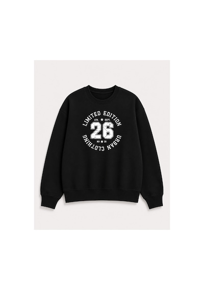 Herkesemoda Limited Edition Yazı Baskılı 2 İplik Şardonlu Bisiklet Yaka Sweatshirt Siyah