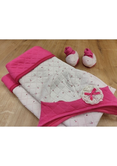 Şapka & Ayakkabılı Kapitone Bebek Battaniyesi - Pembe Puset & Bebek Arabası Örtüsü - %100 Pamuklu Fuşya