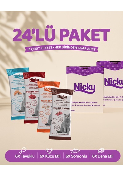 Nicky Yetişkin Kediler Için Et Püresi 85 Gr X 24 Adet