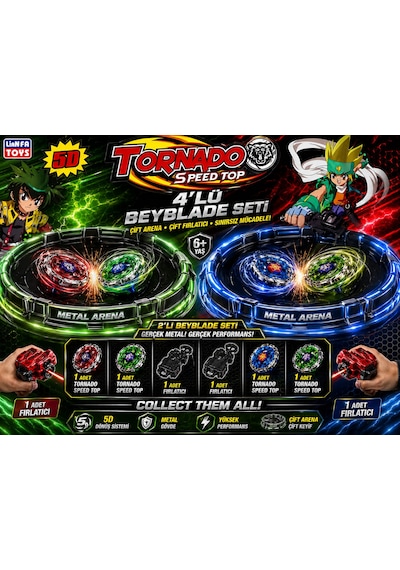 Metal 4 Lü Beyblade Oyuncak Seti Çift Fırlatıcılı Çift Arenalı 2 Li Set
