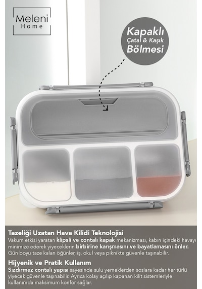 Sızdırmaz Contalı Yemek Kabı - 4 Bölmeli Çatal Kaşıklı Diyet Beslenme Kutusu Lunch Box Gri Gri
