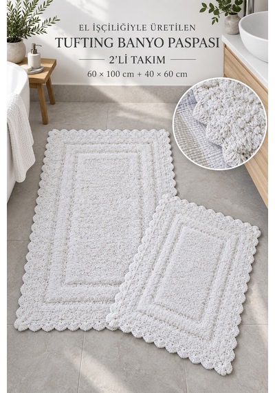 Alanur Bodrum Tufting Cotton Pamuklu El Işi Örgülü 2 Li Paspas 110 Beyaz