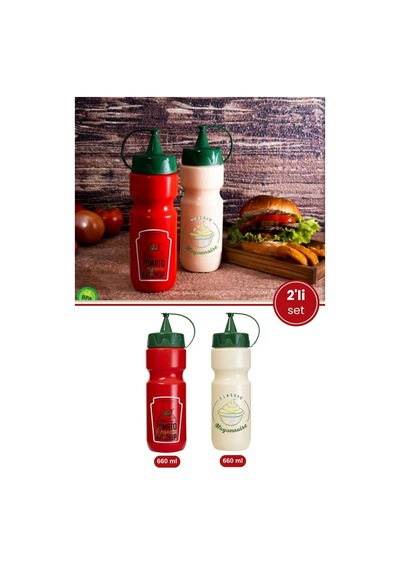 2 Li Sos Şişesi Seti 660 Ml, Kapaklı Plastik Ketçap Ve Mayonez Şişesi Şef Sosluk 2 Li Set Kırmızı - Beyaz