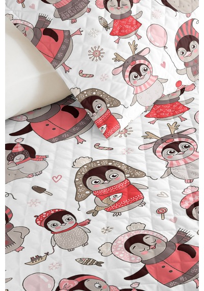 Evimde Bambaşka Penguen Pembe Kız Çocuk Pike Takımı - Sevimli Gri Bebek Odası Mevsimlik Yatak Örtüsü - 160x220  CM