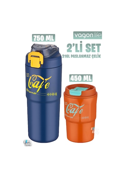 Vagonlife 2'li Çelik Termos-kahve Bardağı Seti 750ml Çift Kullanım Termos//450ml Mug Kahve Bardağı Lacivert - Turuncu