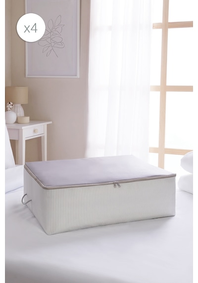 Ocean Home Textile 4'lü Büyük Boy Gri Çizgili Stuff & Things Baza Altı Hurç Set 62 X 46 X 22 Cm Gri