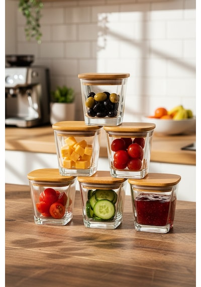 Elite - 6'lı Bambu Kapaklı Vakumlu Cam Kahvaltılık Çok Amaçlı Cam Çerezlik 300 Ml Şeffaf