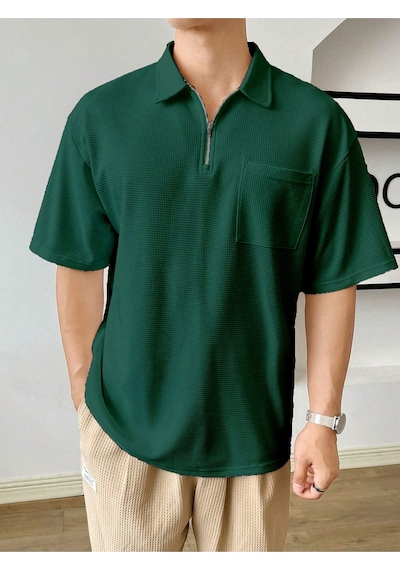 Genius Store Erkek Oversize Polo Yaka Waffle T-shirt Poloyaka-fermuarlı Nefti