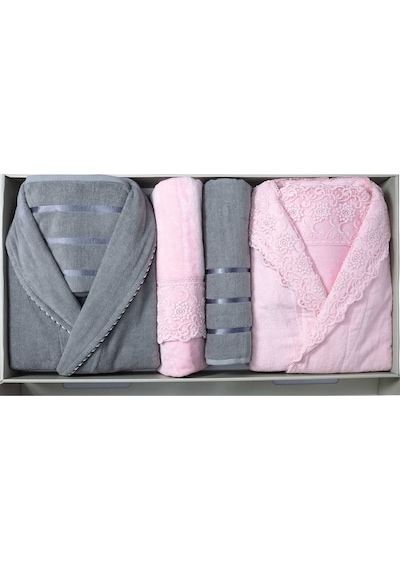Güvenal Paris 12 Parça Kadife Güpürlü Bornoz Seti Bornoz Bornoz Takımı Çeyiz Seti 3 Çok Renkli